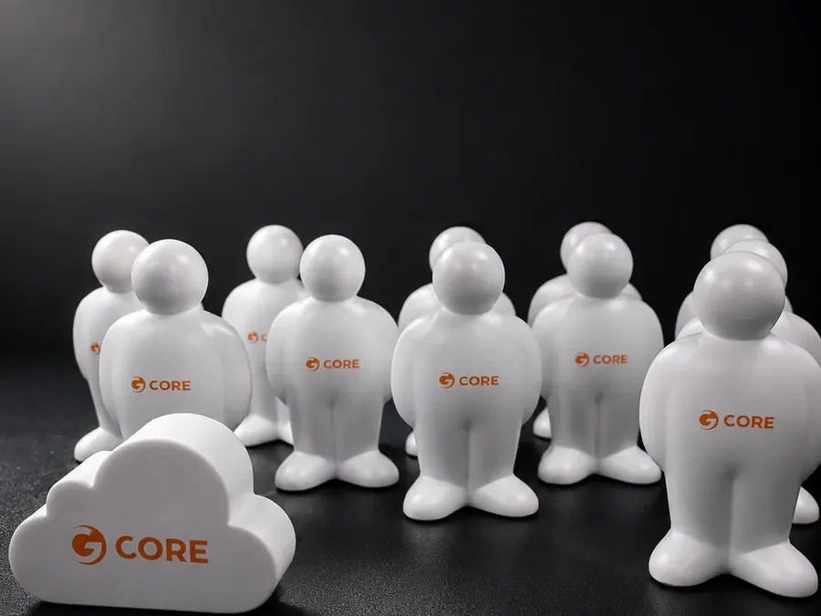 White branded anti-stress figures on a dark background