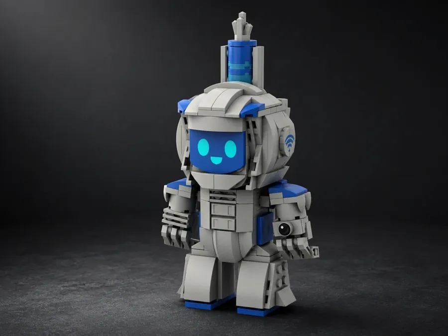 Custom building block robot figure on a dark background