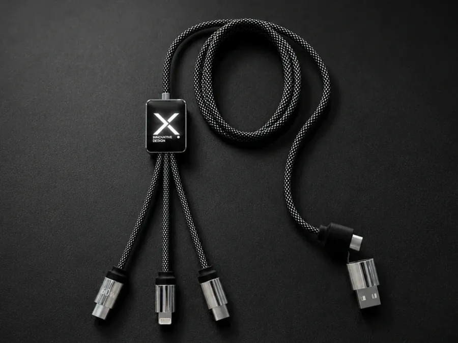 Custom branded charging cable on a dark background