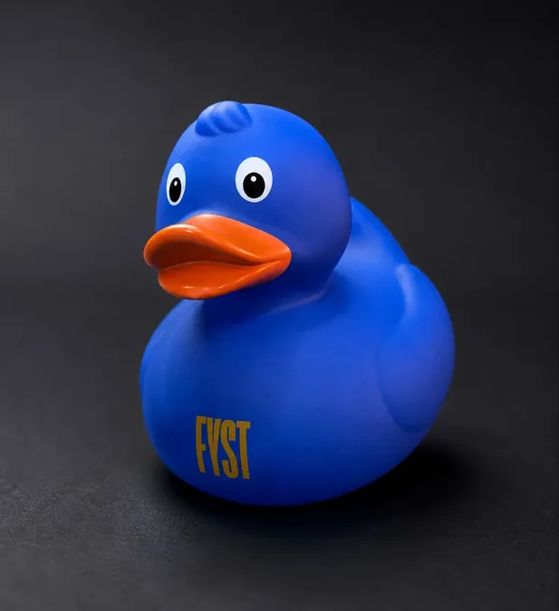 Blue branded rubber duck on a dark background