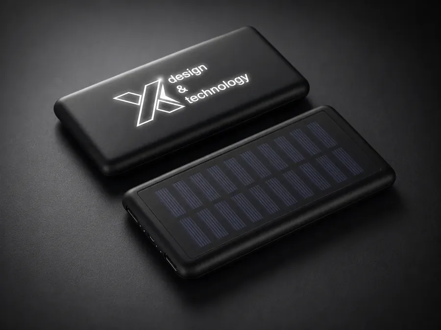 Branded powerbanks on a dark background