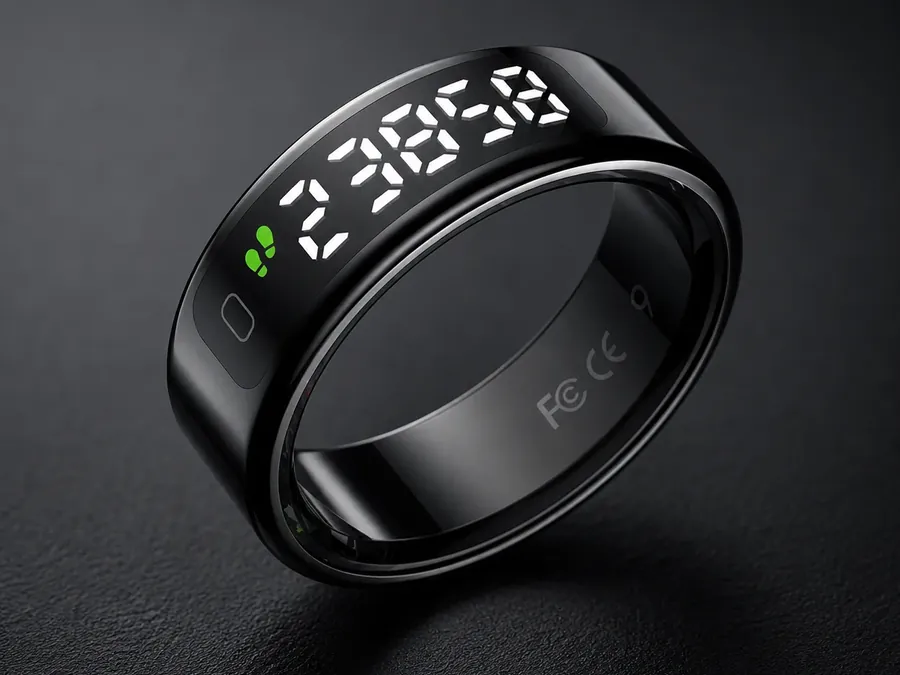 Branded smart ring on a dark background