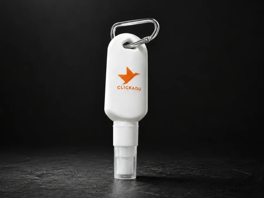 Branded SPF bottle with carabiner