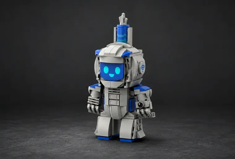 Custom building block robot figure on a dark background