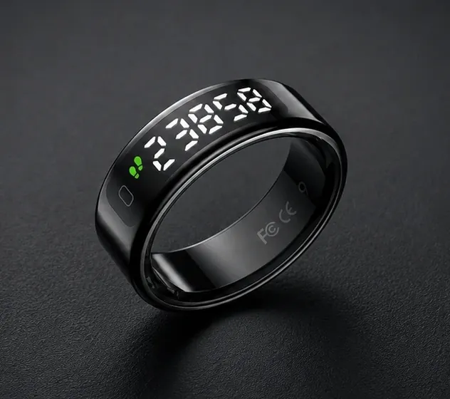 Branded smart ring on a dark background
